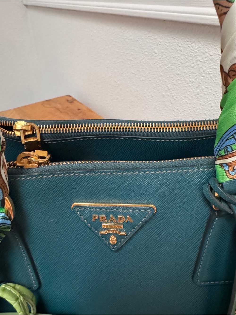 Prada Teal Saffiano Leather Satchel pm with Green Charm and Scarf-Wrapped Handle - Picture 3 of 9